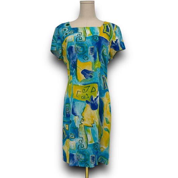 90s Vintage Jessica Howard Blue Yellow Abstract Floral Print Dress 8 Made in USA - Picture 3 of 7